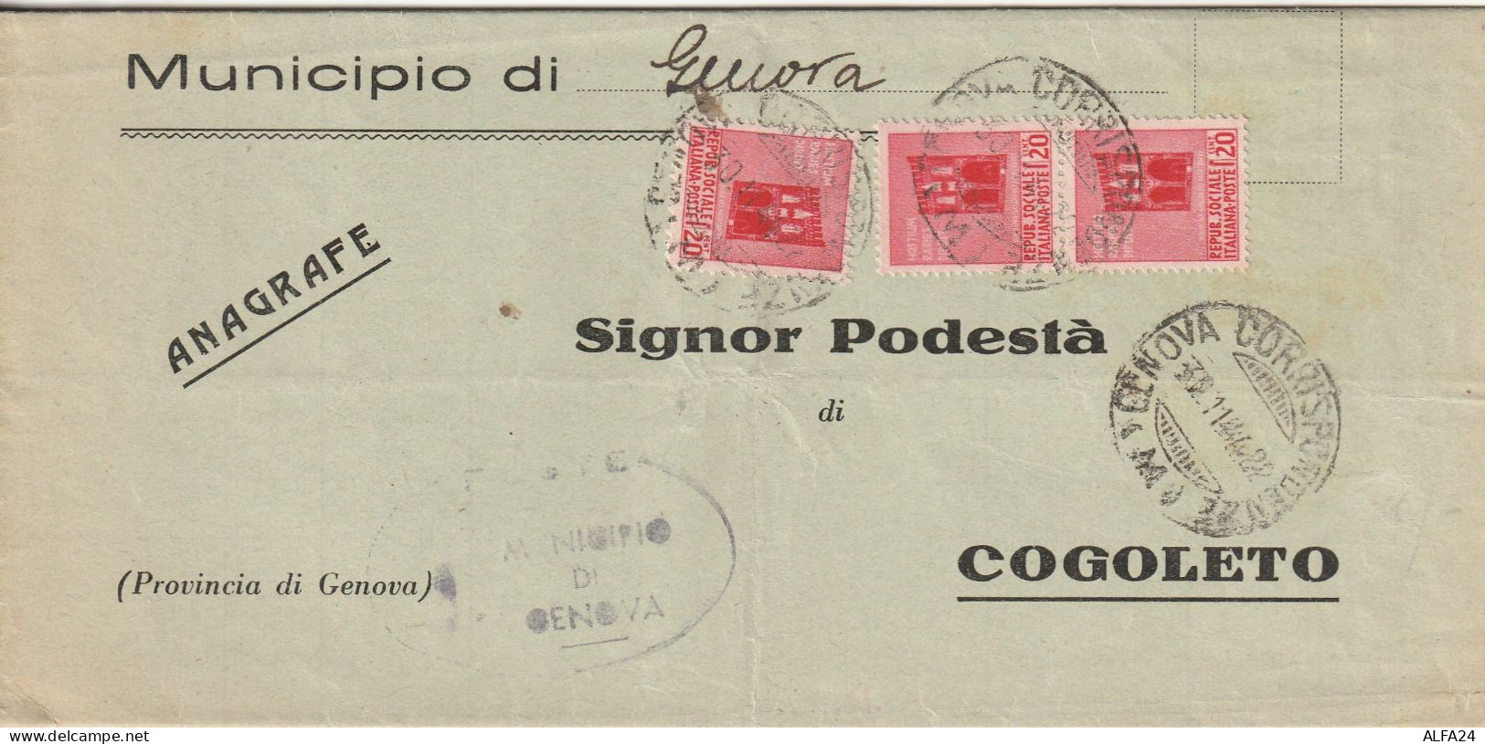 LETTERA 1944 RSI 3X20 MON DIST TIMBRO GENOVA (YK1000 - Marcophilia