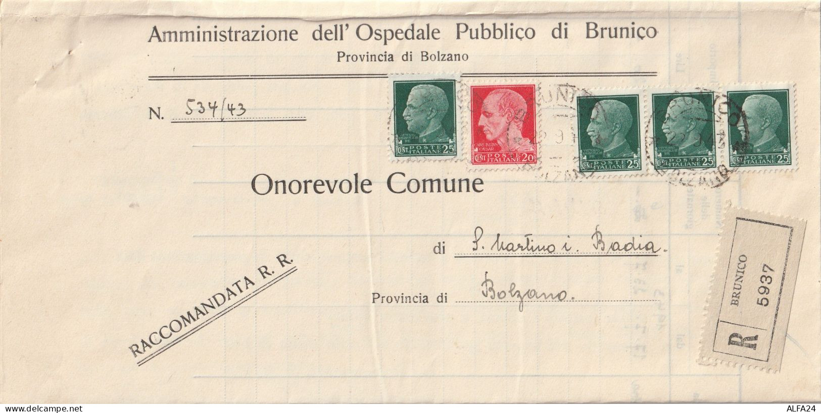 RACCOMANDATA RSI 1944 20+4X25 TIMBRO BRUNICO BOLZANO (YK996 - Marcophilia