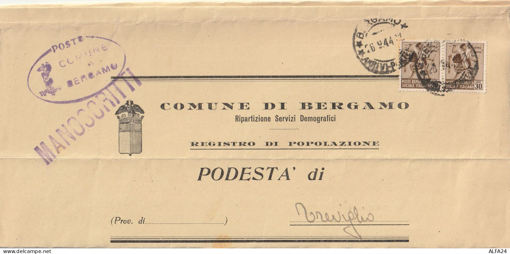 LETTERA 1944 RSI 2X30 MONUM DIST TIMBRO BERGAMO (YK981 - Poststempel