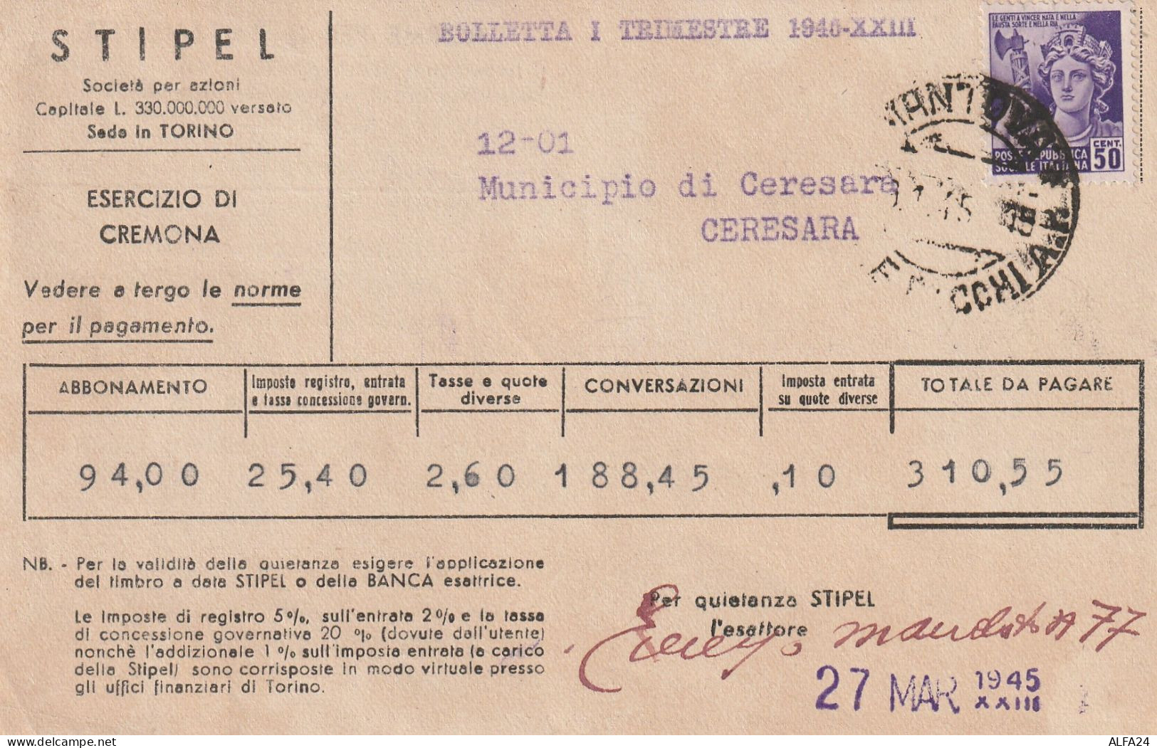 BOLLETTA TELEFONICA STIPEL 1945 RSI C.50 MON DIST TIMBRO MANTOVA (YK979 - Marcophilia