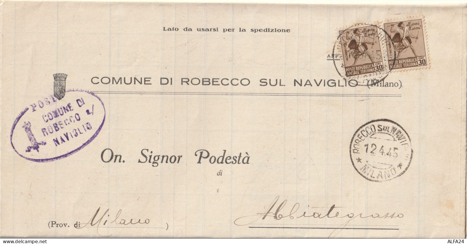 LETTERA RSI 1945 2X30 MONUM DIST TIMBRO ROBECCO SUL NAVIGLIO  (YK976 - Marcophilia