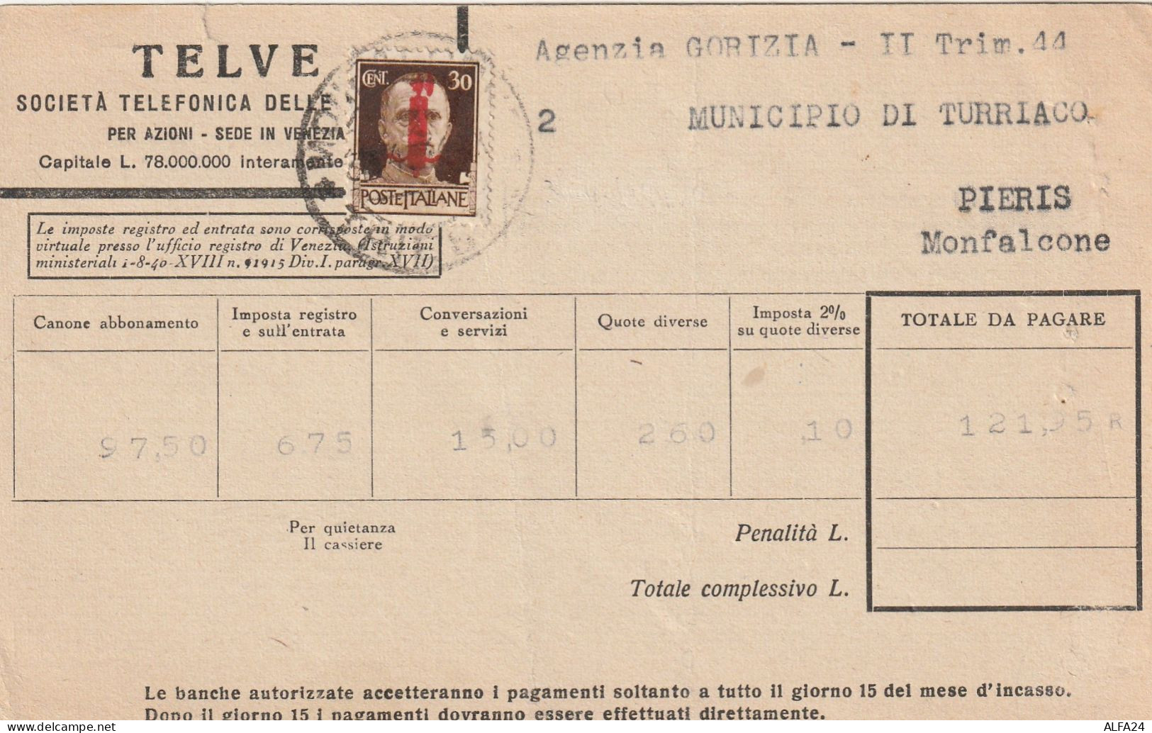 BOLLETTA TELEFONICA TELVE 1944 RSI 30 SS TIMBRO GORIZIA (YK961 - Marcophilia