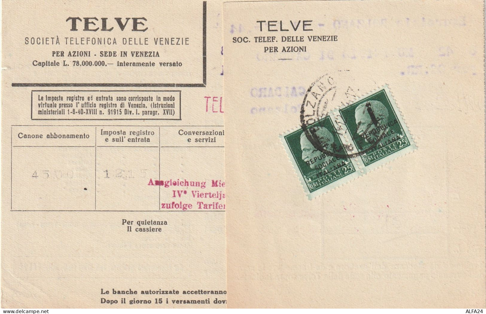 BOLLETTA TELEFONICA TELVE 1944 RSI 2X25 SS TIMBRO BOLZANO (YK960 - Poststempel