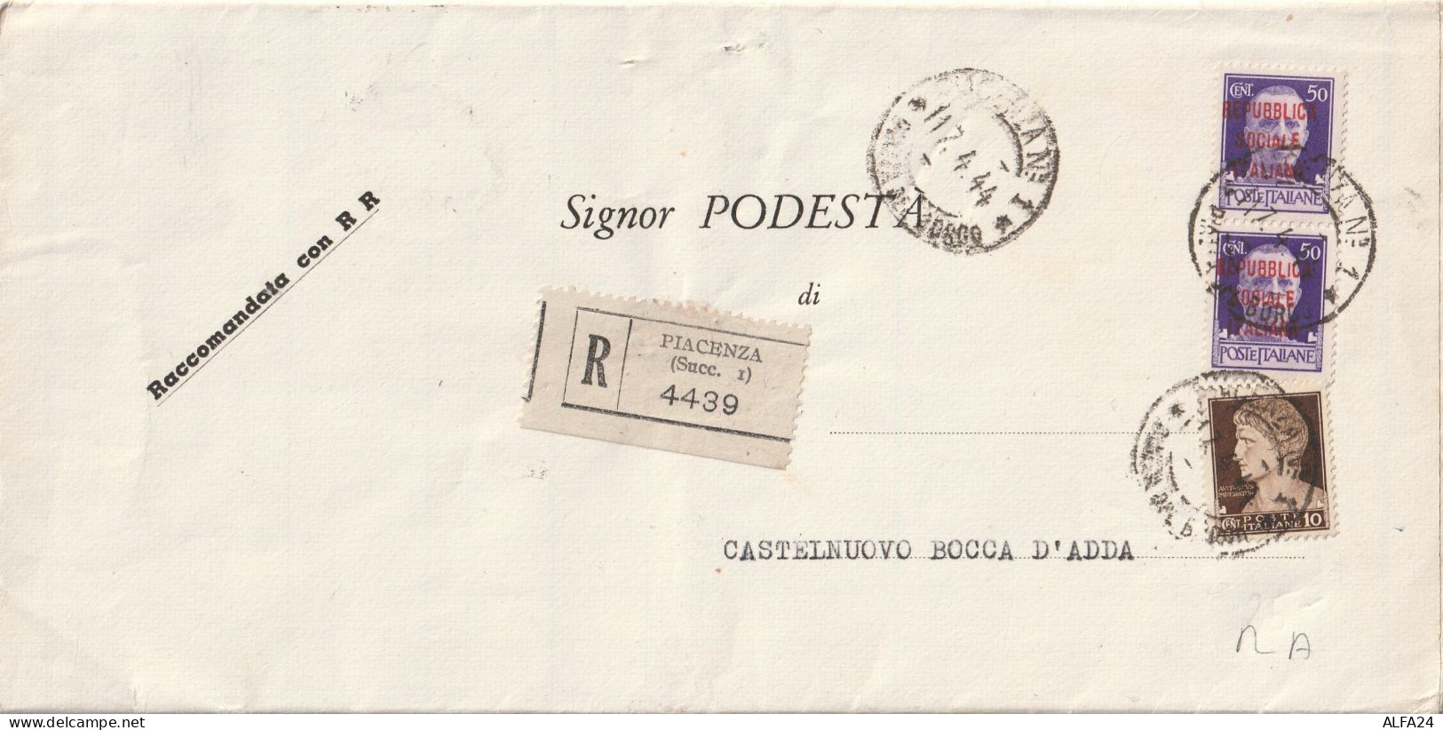 RACCOMANDATA 1944 RSI 2X50 SS+10 TIMBRO PIACENZA CASTELNUOVO BOCCA D'ADDA (YK953 - Poststempel