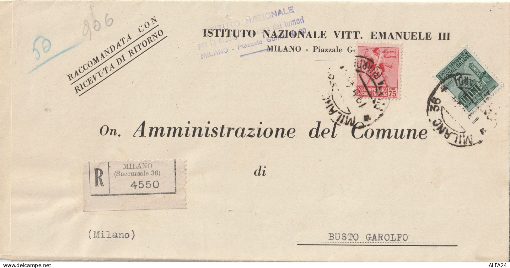 RACCOMANDATA 1944 RSI C.75+25 MONUM DIST TIMBRO MILANO (YK958 - Marcofilie