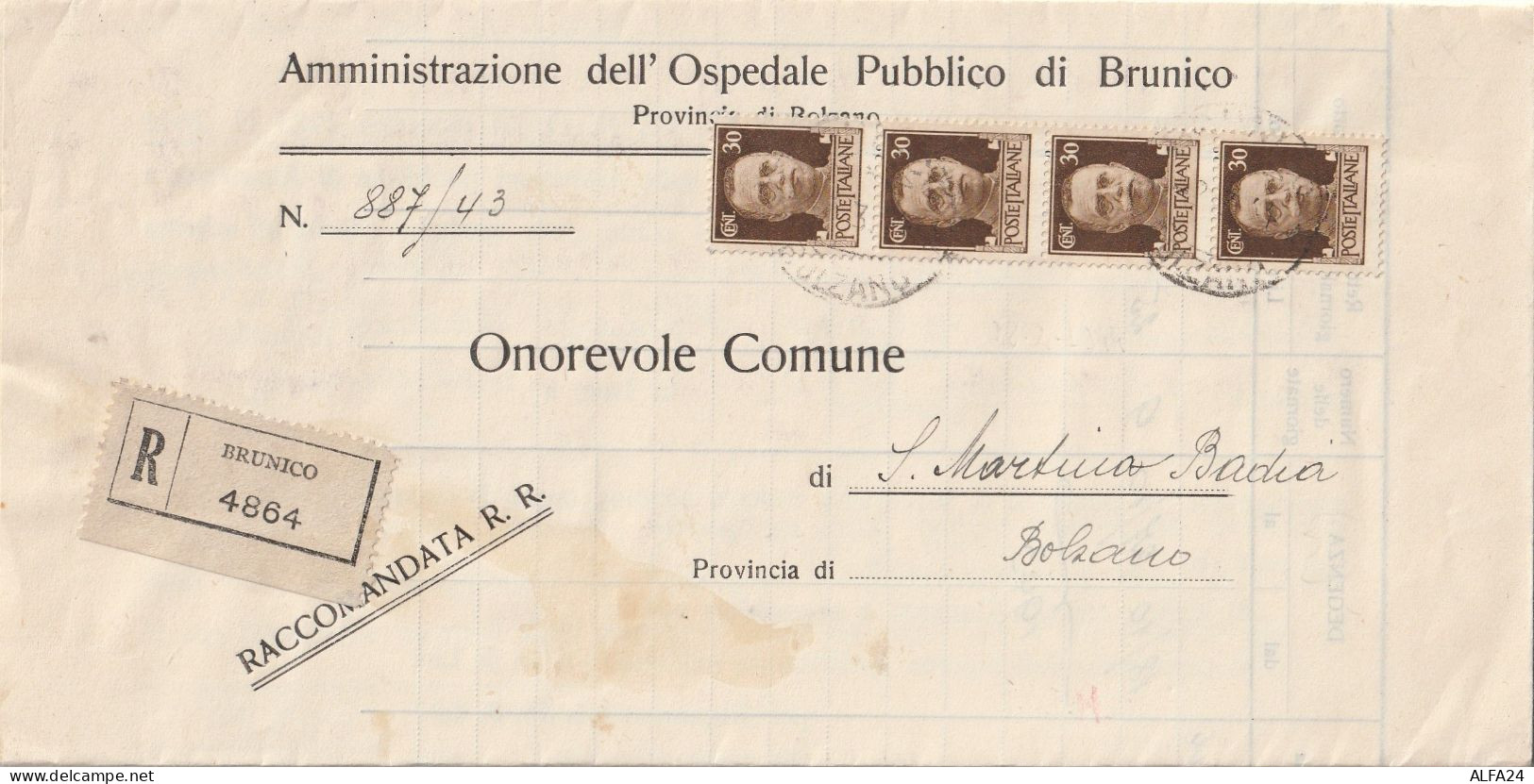 RACCOMANDATA 1944 RSI 4X30 TIMBRO BRUNICO BOLZANO (YK955 - Marcofilie