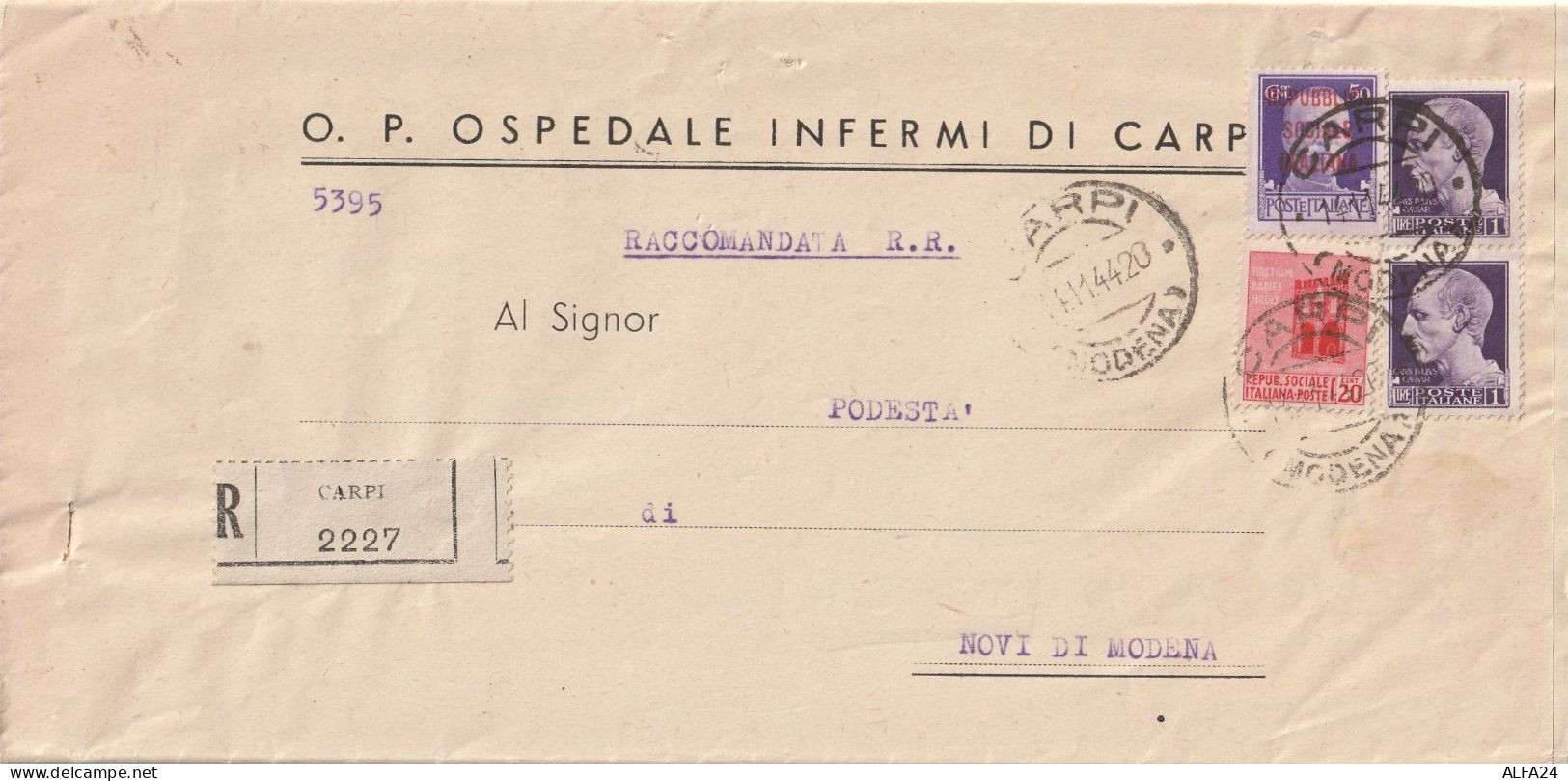 RACCOMANDATA 1944 RSI 2X1+50 SS+20 MON DSIT TIMBRO CARPI MODENA NOVI DI MODENA (YK938 - Marcofilie
