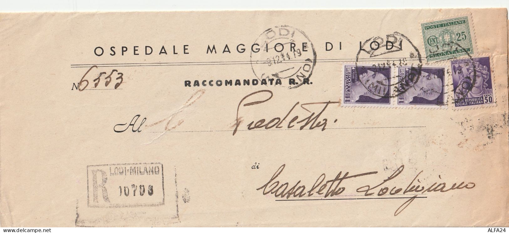 RACCOMANDATA 1944 RSI 2X50 MON DIST+25 SEGNATASSE TIMBRO LODI MILANO CASALETTO LODIGIANO (YK933 - Marcophilia