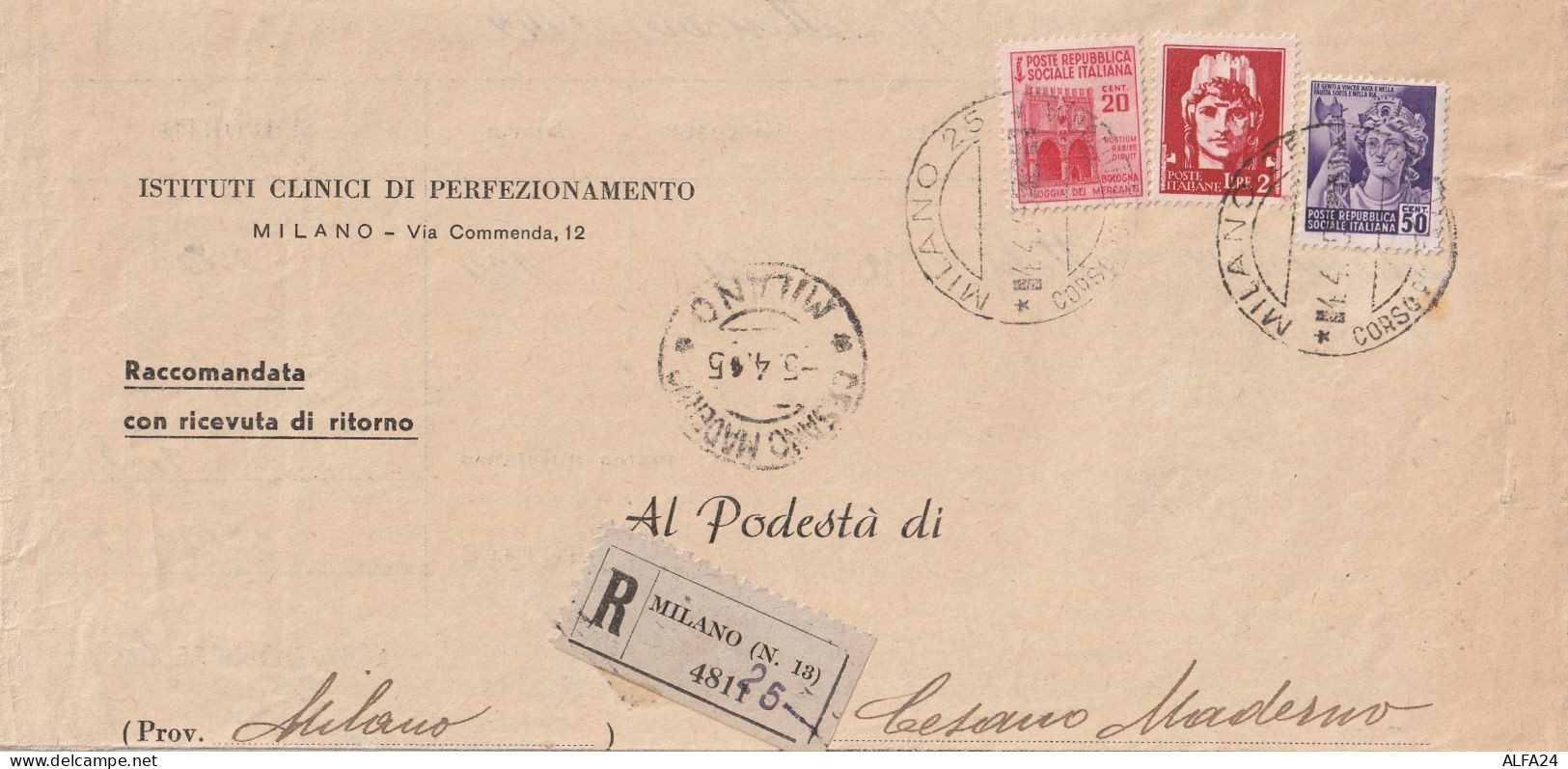 RACCOMANDATA 1945 RSI 2+20-50 MON DIST TIMBRO MILANO (YK921 - Poststempel