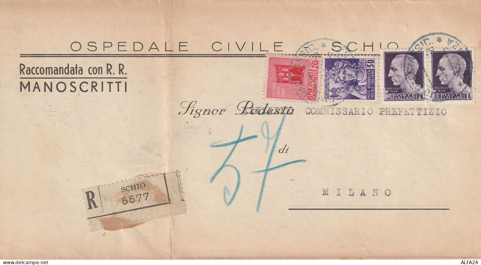 RACCOMANDATA 1944 RSI 2X1+20-50 MON DIST TIMBRO MILANO (YK920 - Poststempel