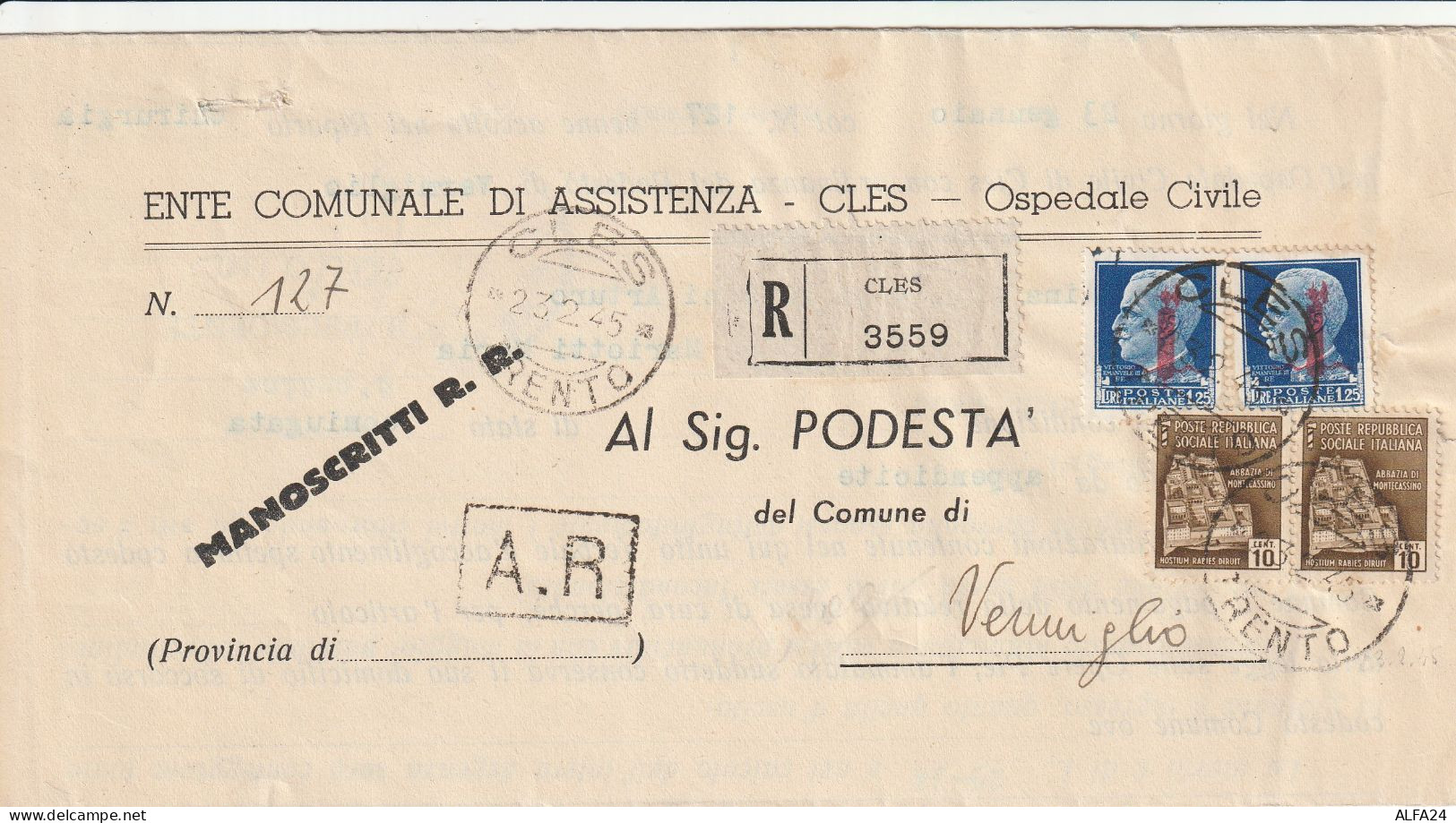 RACCOMANDATA 1945 RSI 2X1,25 SS +2X10 TIMBRO CLES TRENTO VERMIGLIO (YK929 - Poststempel