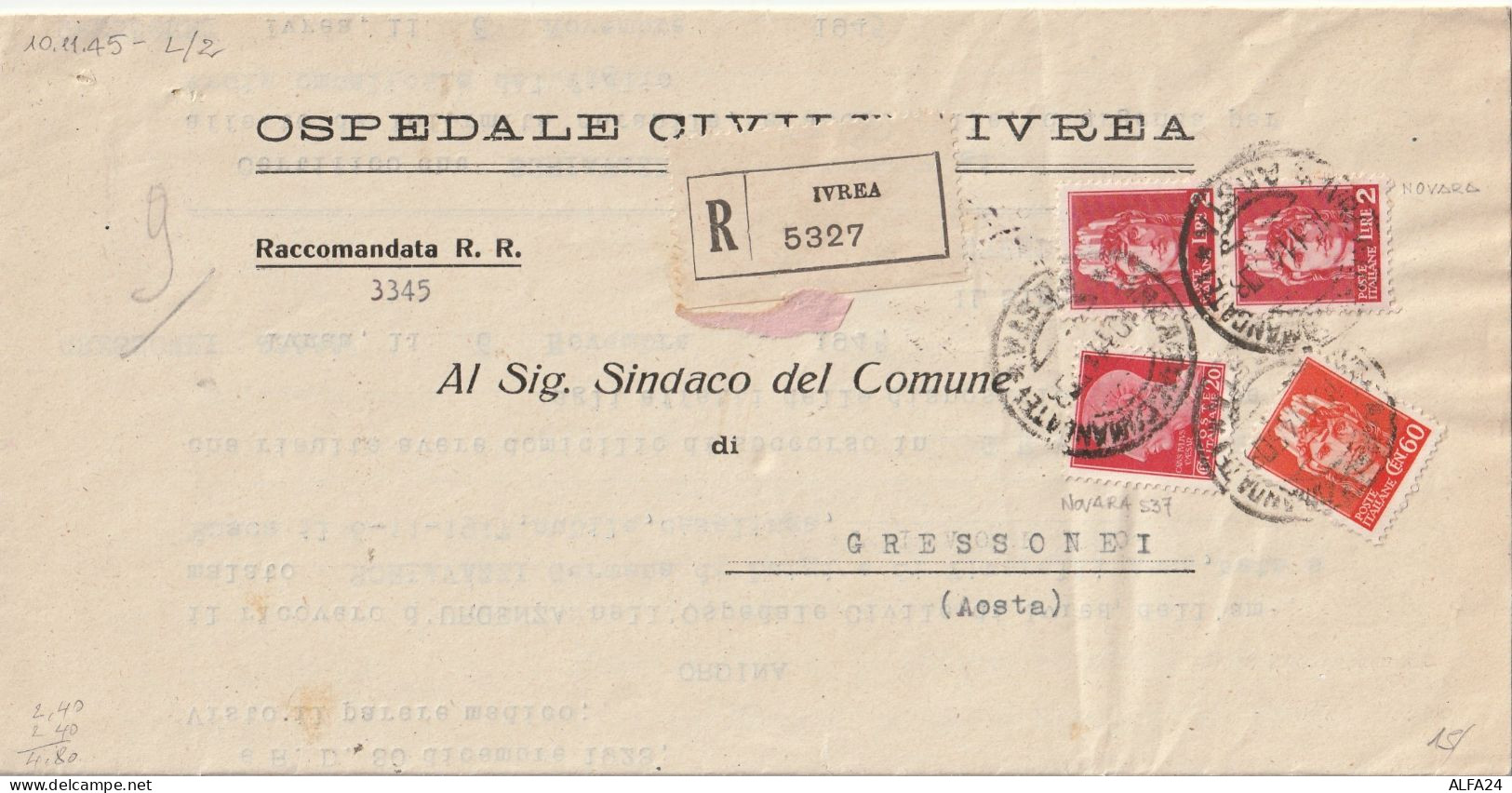 RACCOMANDATA 1945 LUOGOTENENZA 2X2+20+60 TIMBRO AOSTA (YK906 - Storia Postale