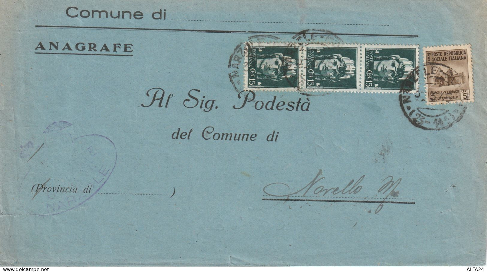 LETTERA 1945 RSI 3X15+5 MON DIST TIMBRO NOVELLO CUNEO (YK917 - Poststempel