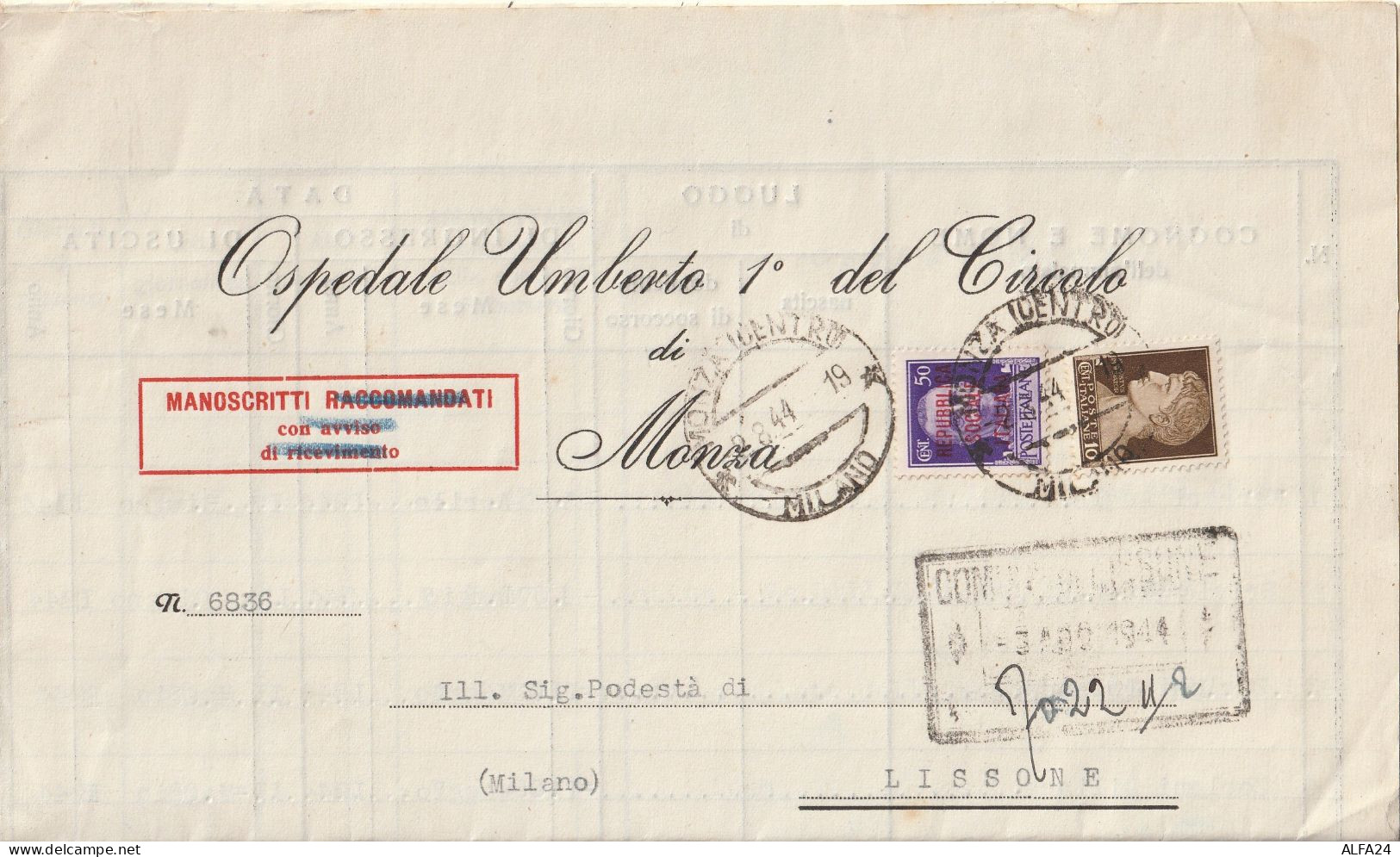 MANOSCRITTI 1944 RSI 50 SS+10 TIMBRO MONZA LISSONE MILANO (YK912 - Marcophilie