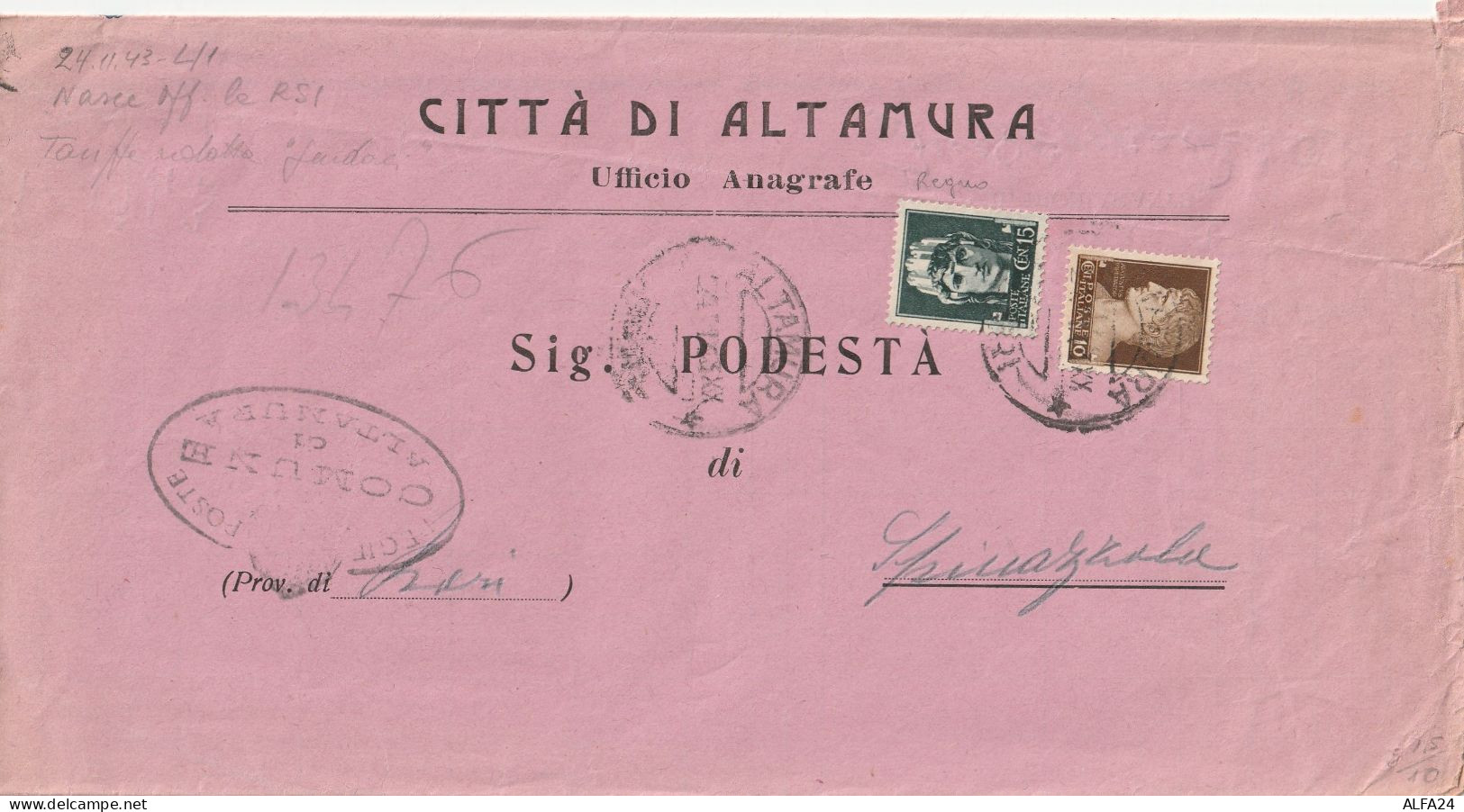 LETTERA 19436 RSI C.15+10 TIMBRO ALTUMARA BARI  (YK909 - Marcophilia