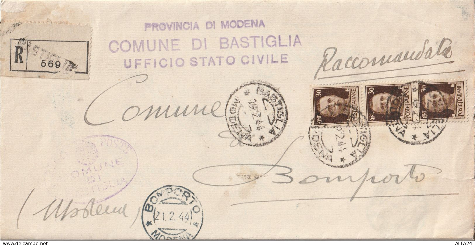 RACCOMANDATA 1944 RSI 3X30 TIMBRO BONCRITO MODENA BASTIGLIA (YK900 - Marcophilia