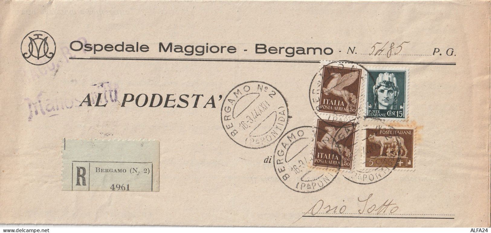 RACCOMANDATA 1944 RSI 2X50 PA+15+5 TIMBRO BERGAMO OSIO SOTTO (YK896 - Storia Postale