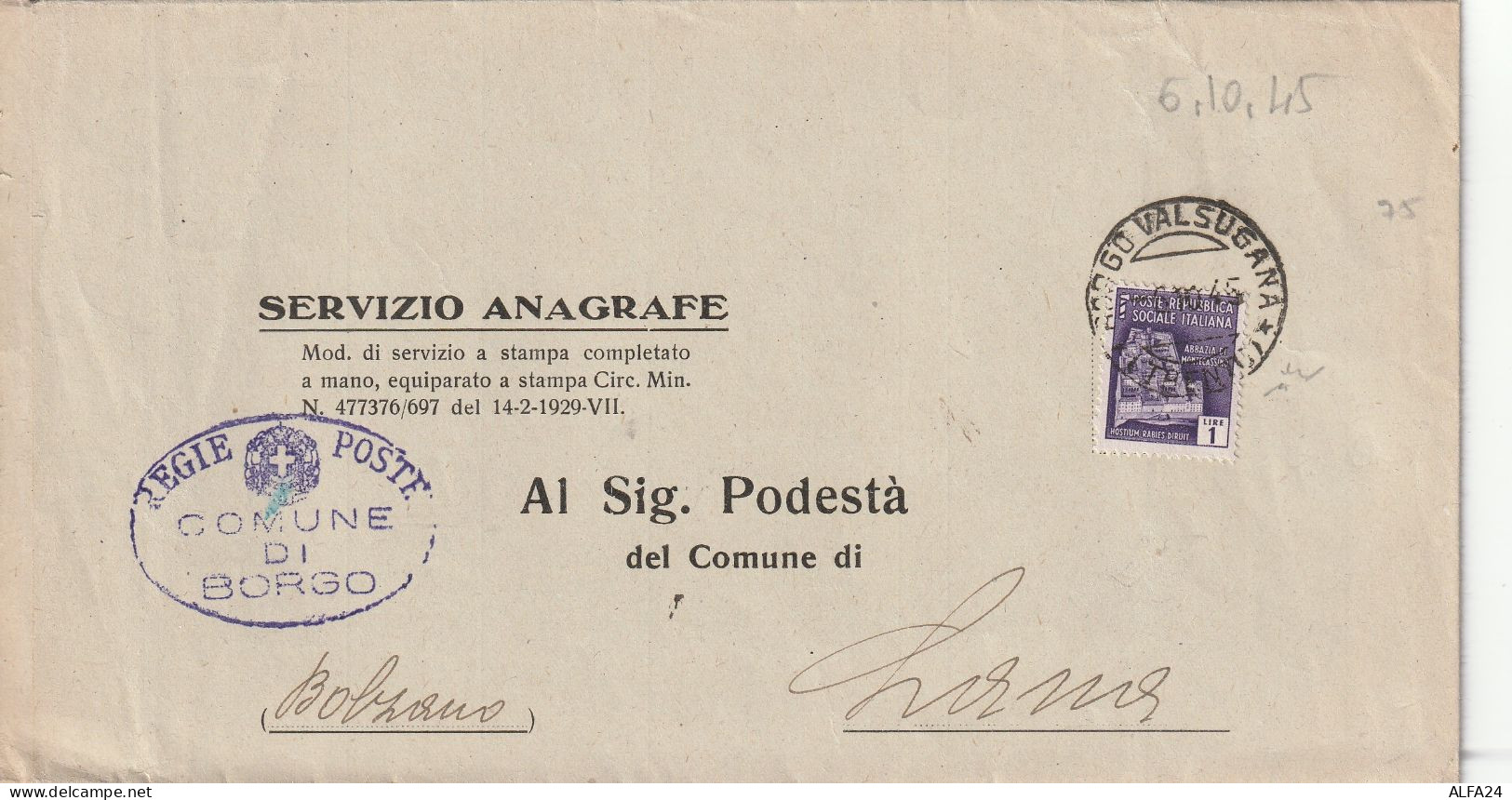 LETTERA 1945 RSI L.1 MON DIST TIMBRO BORGO VALSUGANA TRENTO BOLZANO (YK891 - Marcofilía
