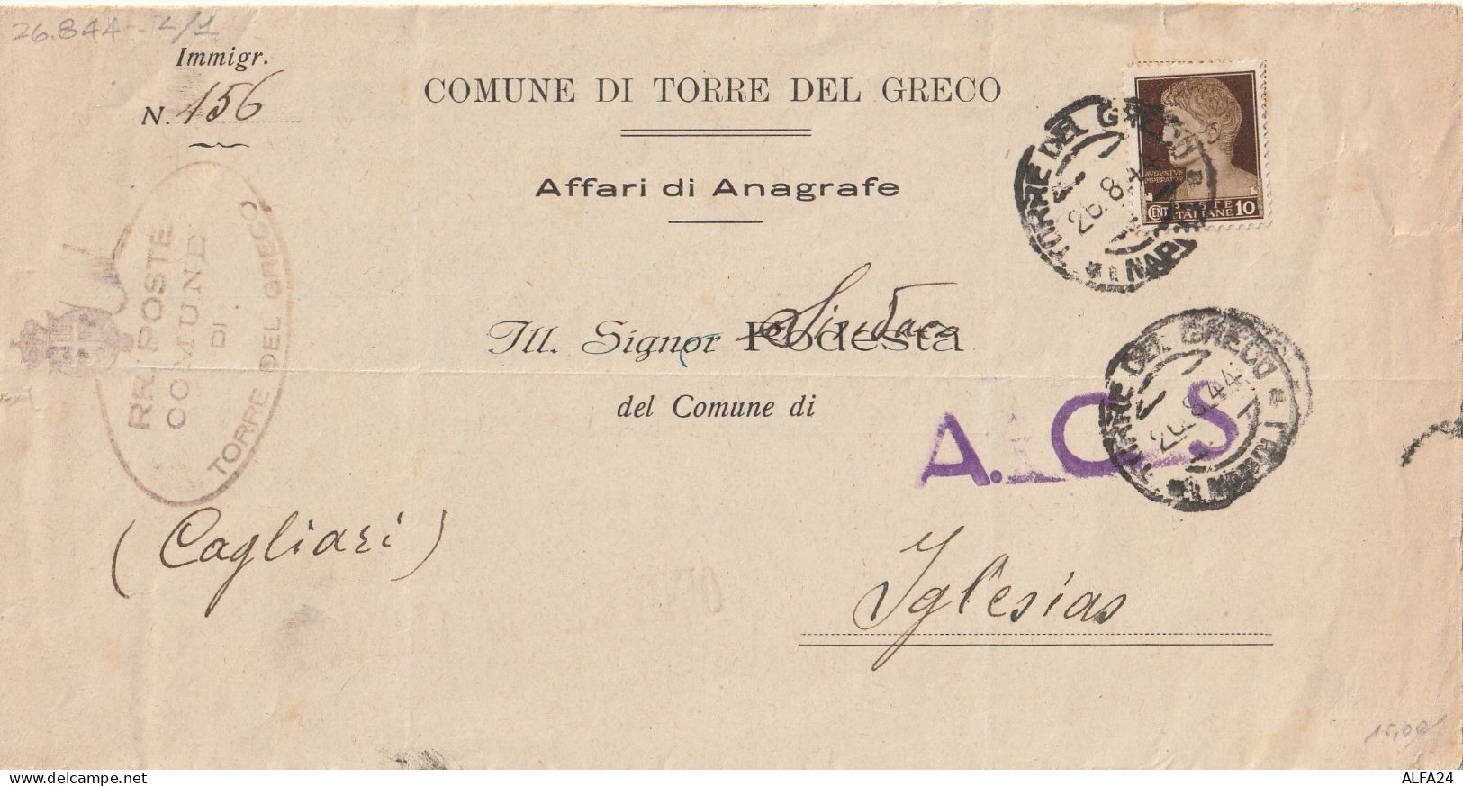 LETTERA 1944 LUOGOTENENZA C.10 TIMBRO ACS TORRE DEL GRECO IGLESIAS CAGLIARI (YK878 - Marcophilie