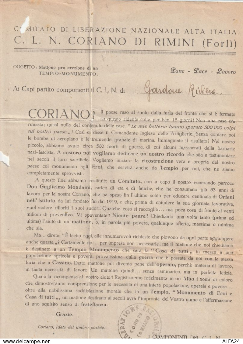 LETTERA 1945 LUOGOTENENZA 10+30 CLN COMITATO LIBERAZIONE TIMBRO CORIANO FORLI -DOCUMENTO STORICO (YK876 - Marcophilia