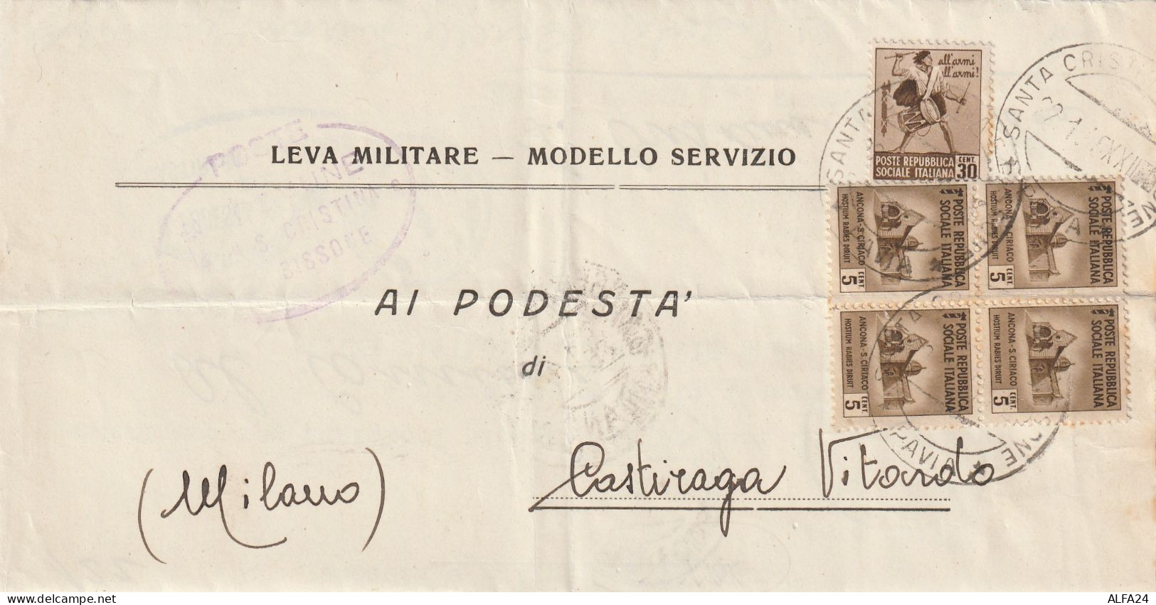 LETTERA 1945 RSI 4X5+30 MONUM DISTR TIMBRO S.ANGELO LODIGIANO (YK864 - Marcofilía