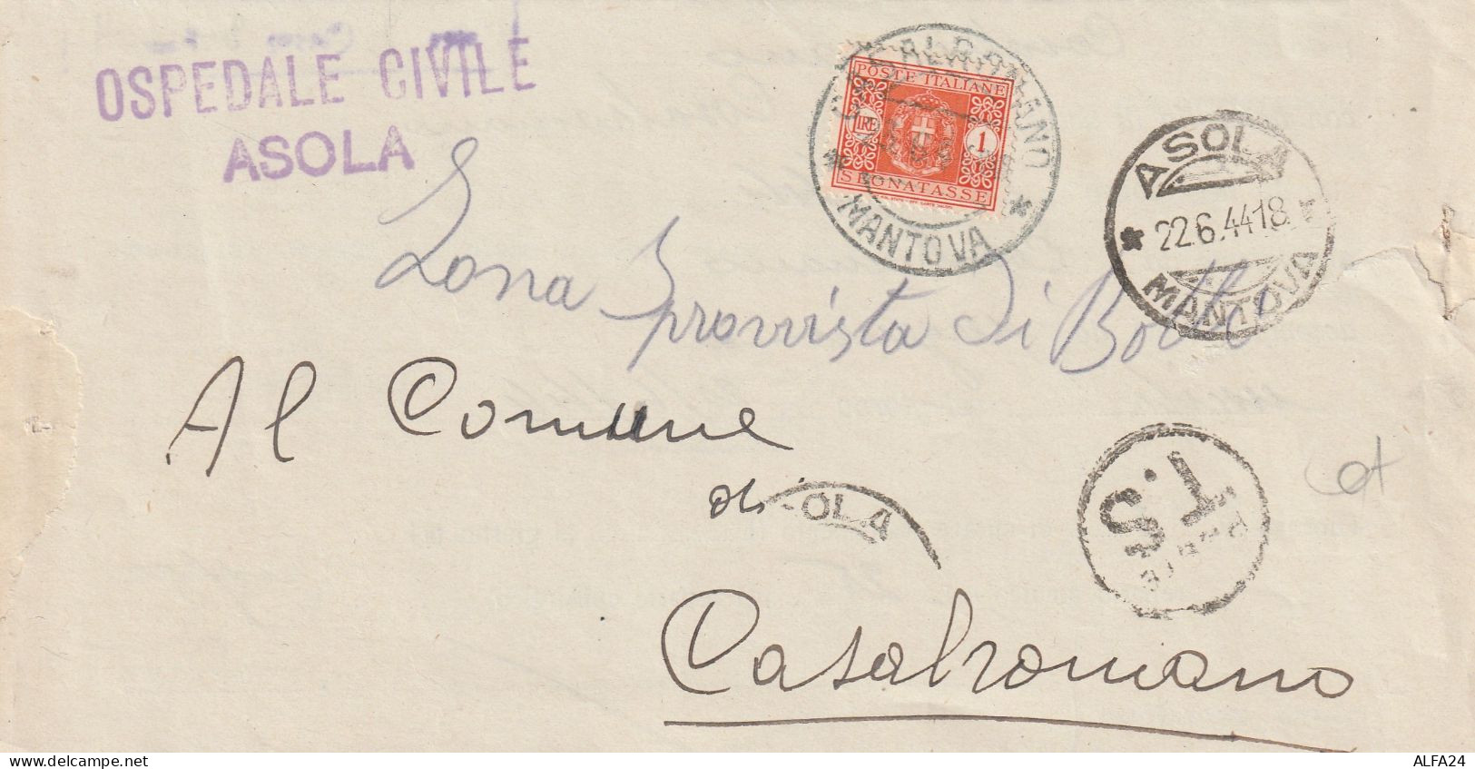 LETTERA 1944 RSI SEGNATSSE L.1 TIMBRO ASOLA MANTOVA CASALROMANO (YK863 - Poststempel