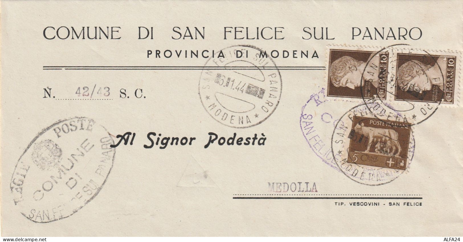 LETTERA 1944 RSI TIMBRO S.FELICE SUL PANARO MODENA 2X10+5  (YK858 - Marcophilia