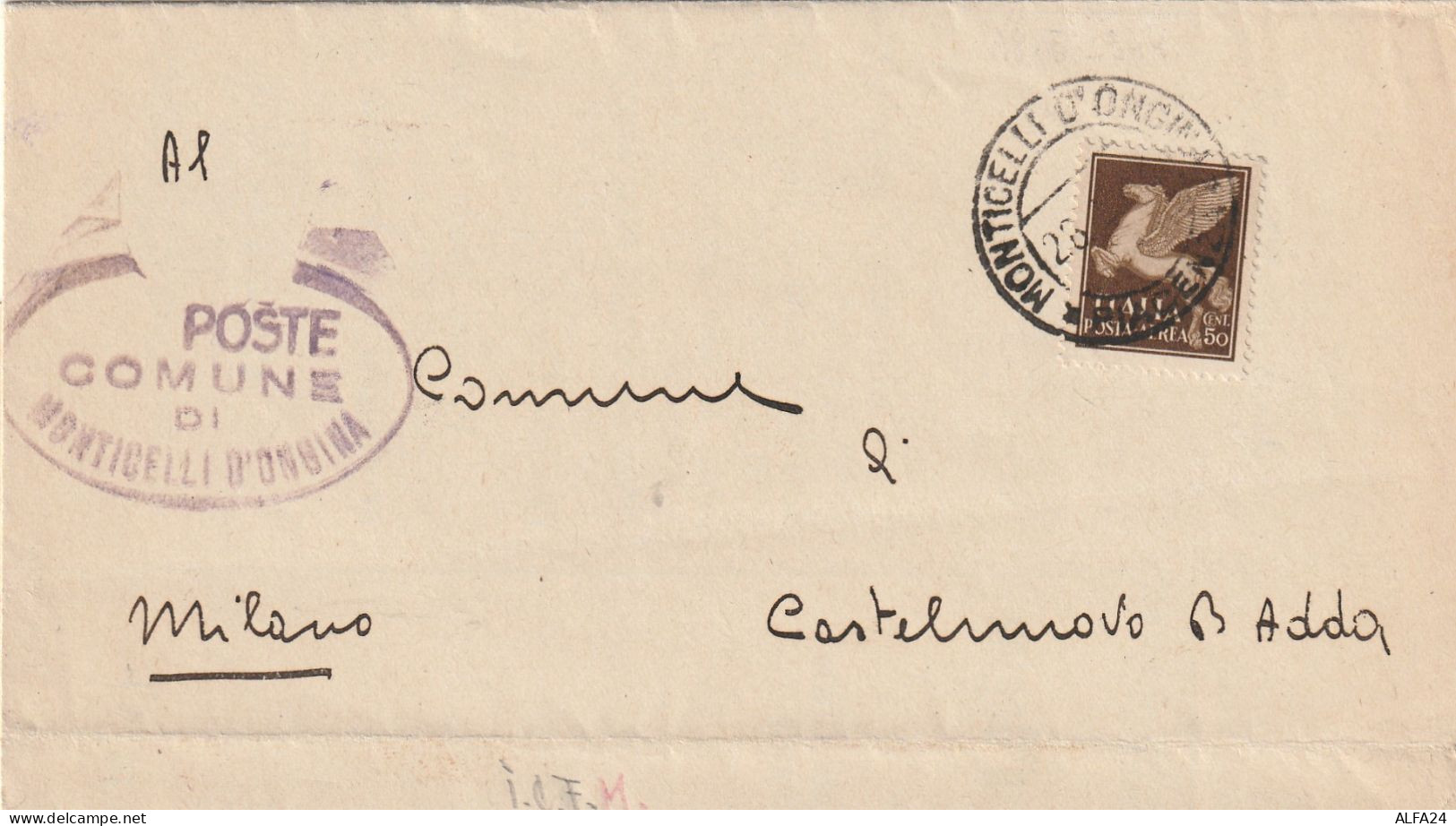 LETTERA 1944 RSI C.50 PA TIMBRO MONTICELLI D'ONGINA CASTELNUOVO D'ADDA (YK860 - Storia Postale