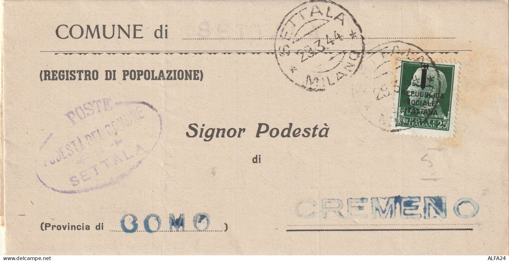 LETTERA 1944 RSI 25 SS TIMBRO SETTALA MILANO CREMENO COMO (YK854 - Poststempel