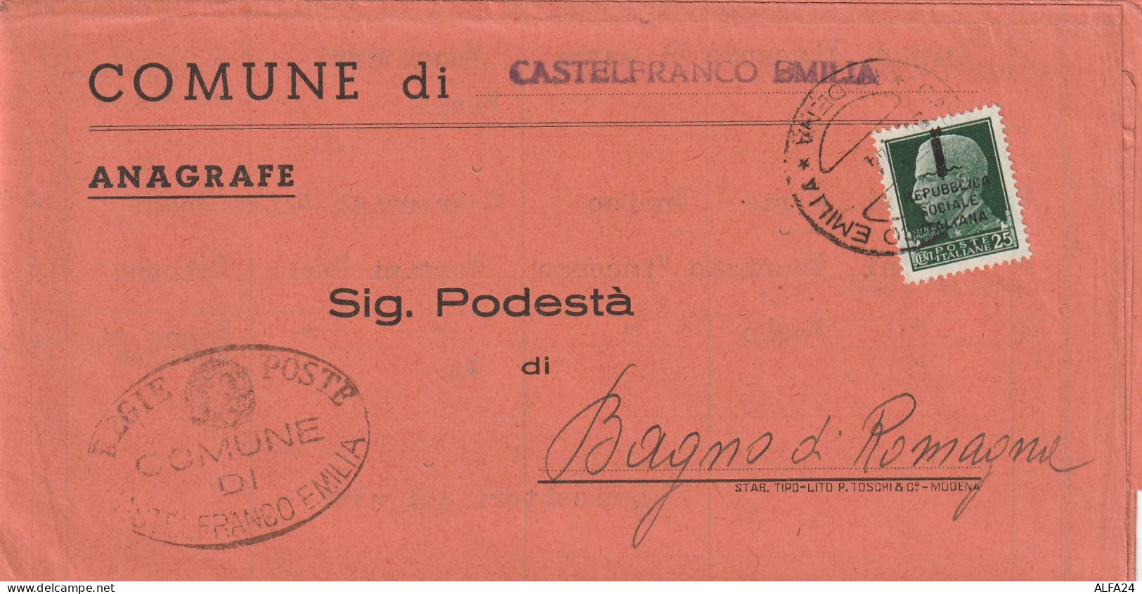 LETTERA DOPPIA SPEDIZIONE 1944 RSI 5+25 SS --25 SSTIMBRO CASTELFRANCO EMILIA (YK848 - Marcophilia