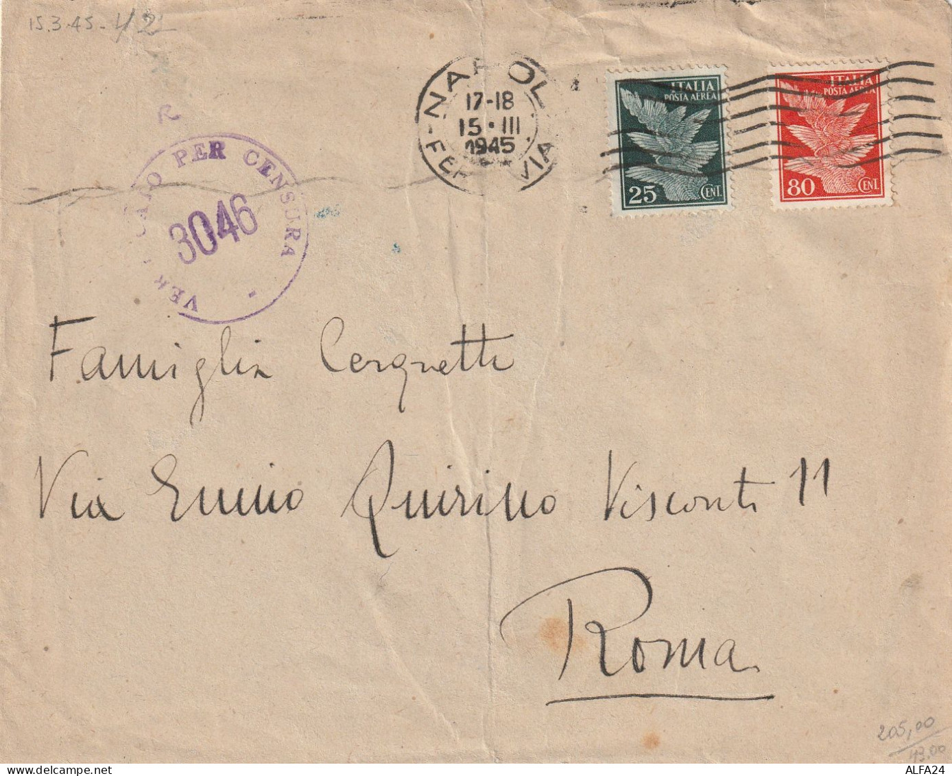 LETTERA 1945 LUOGOTENENZA 25+802 PA TIMBRO NAPOLI ROMA (YK837 - Marcophilie