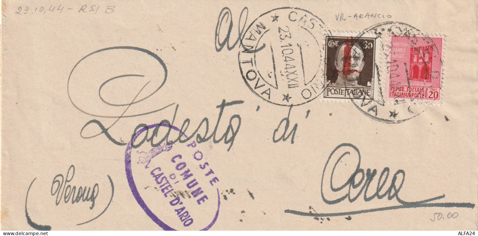 LETTERA 1944 RSI C.30 SS VER ARANCIO +20 MON DIST TIMBRO CASTEL D'ARIO MANTOVA CEREA VERONA (YK808 - Poststempel