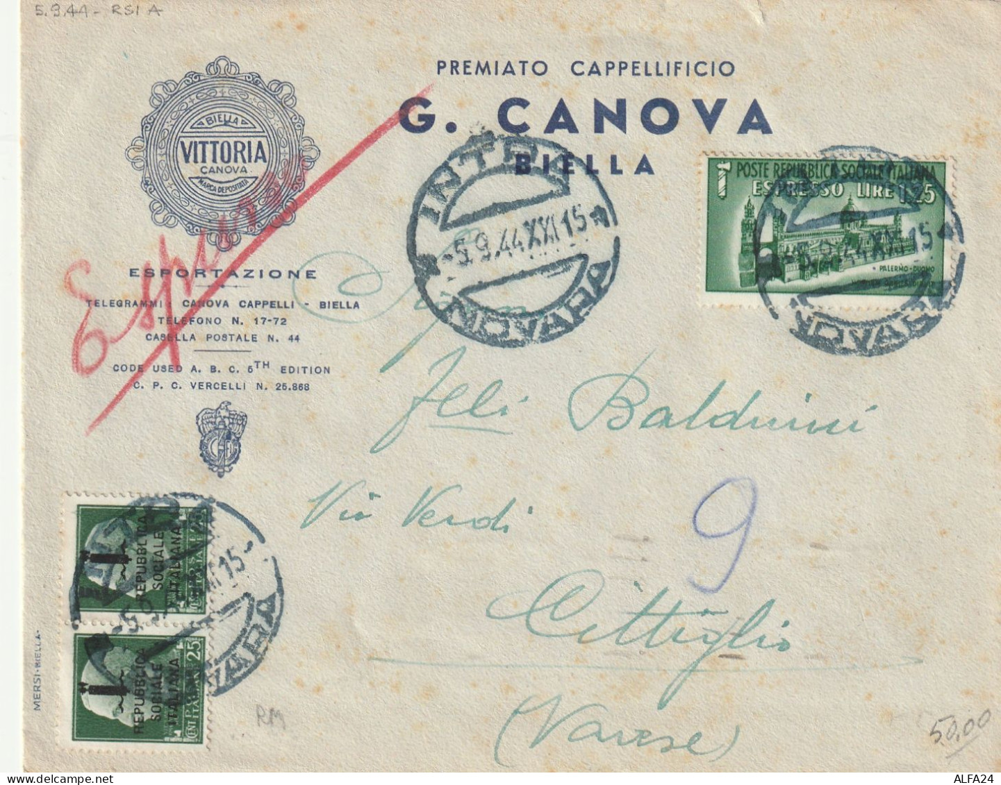 LETTERA 1944 RSI 1,25 ESPR MON DIST+2X25 SS TIMBRO INTRA NOVARA CITTIGLIO (YK811 - Poststempel