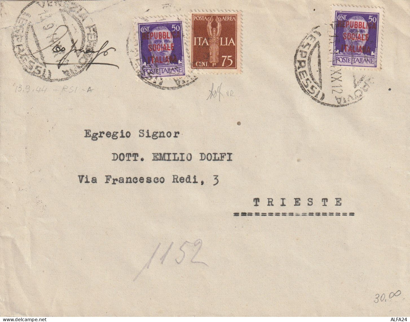 LETTERA 1944 RSI 2X50 SS+75 PA TIMBRO TRIESTE (YK807 - Poststempel