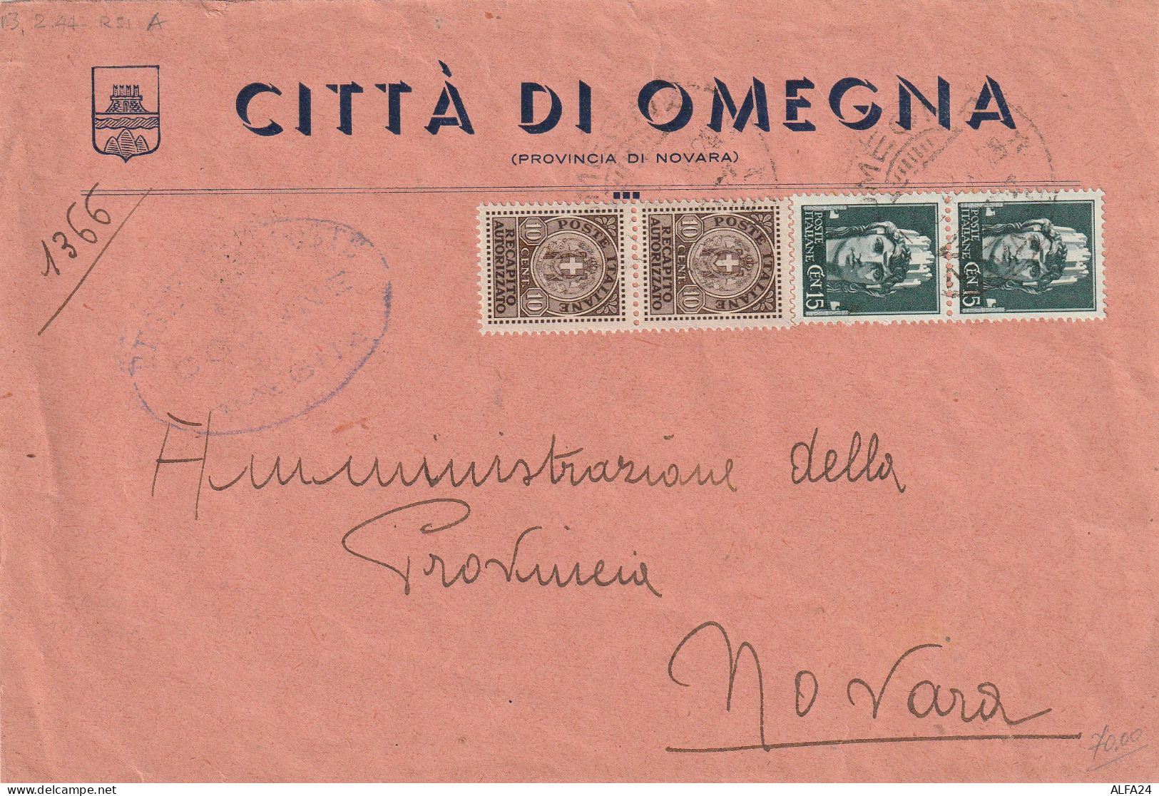 LETTERA 1944 RSI 2X15+2X10 REC AUT TIMBRO OMEGNA  (YK786 - Storia Postale