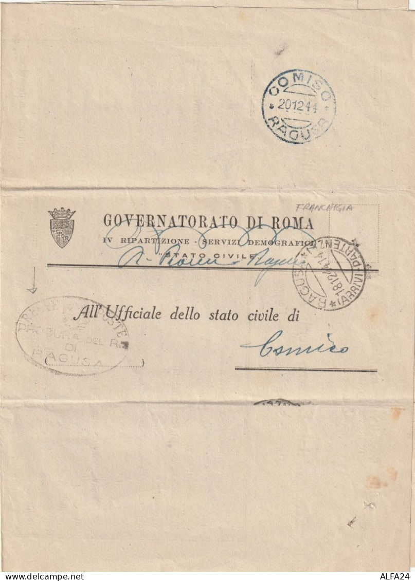 LETTERA 1944 LUOGOTENENZA C.50 TIMBRO ROMA RISPEDITO IN FRANCHIGIA TIMBRO COMISO RAGURA (YK768 - Marcophilia