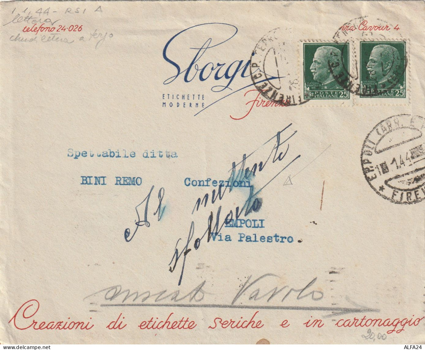 LETTERA 1944 RSI 2X25 TIMBRO EMPOLI FIRENZE +ERINNOFILO AL VERSO Con Contenuto (YK772 - Marcophilie