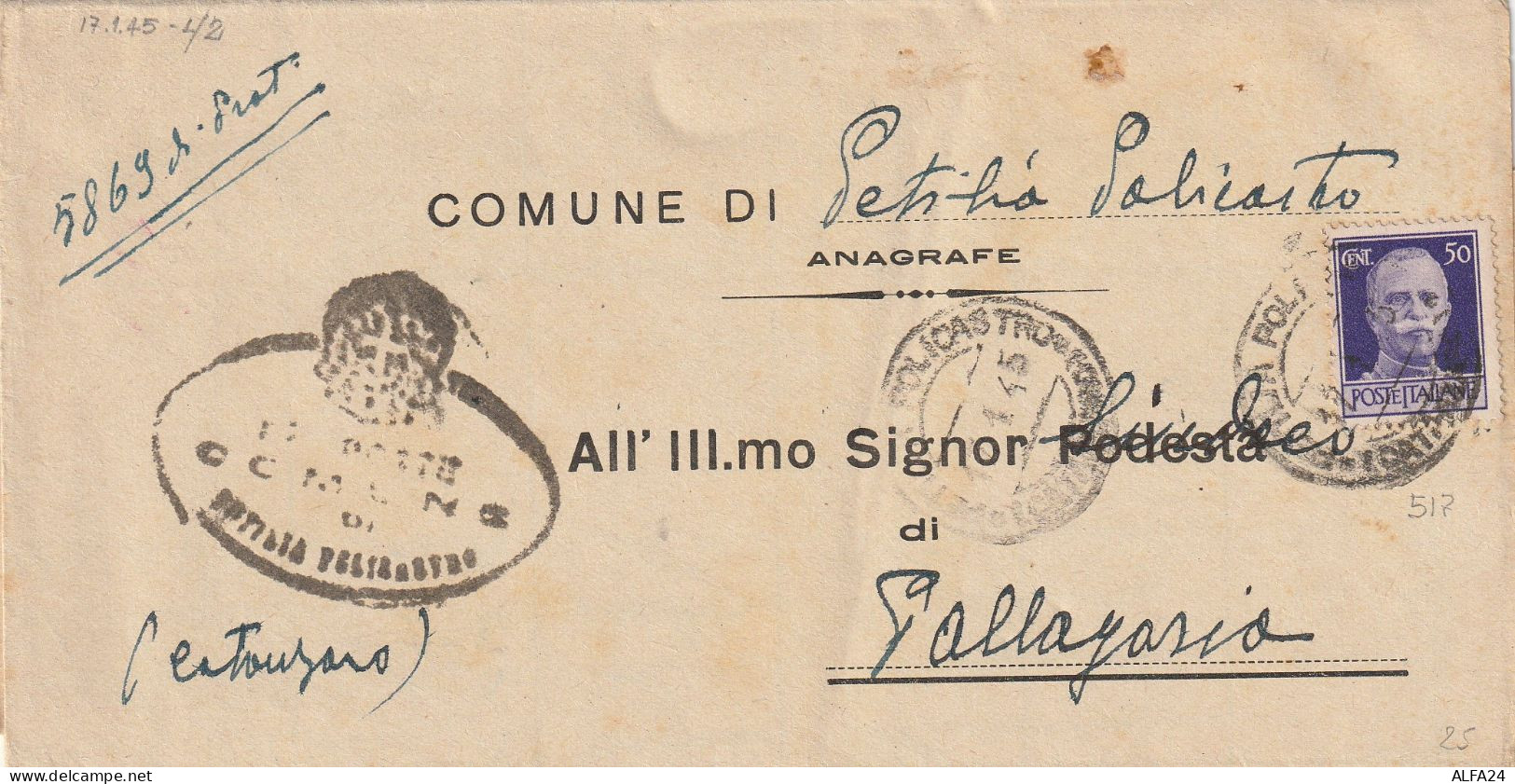 LETTERA 1945 LUOGOTENENZA C.50 TIMBRO NAPOLI PALLAGORIO CATANZARO (YK767 - Storia Postale