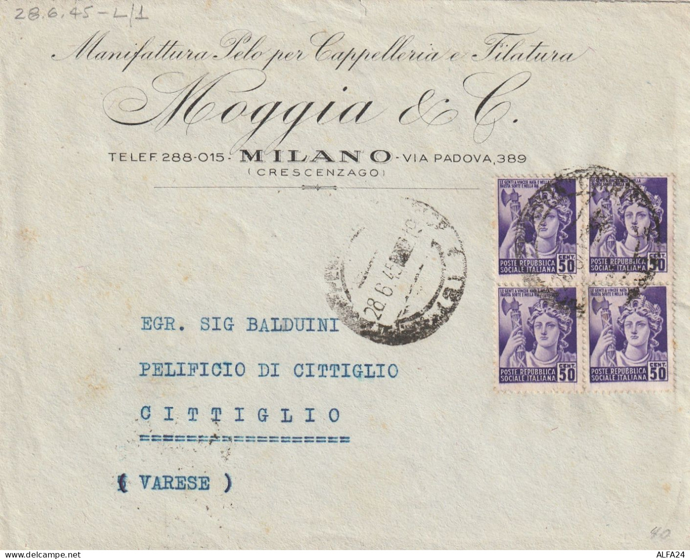 LETTERA 1945 LUOGOTENENZA 4X50 MON DIST TIMBRO CITTIGLIO VARESE (YK759 - Storia Postale