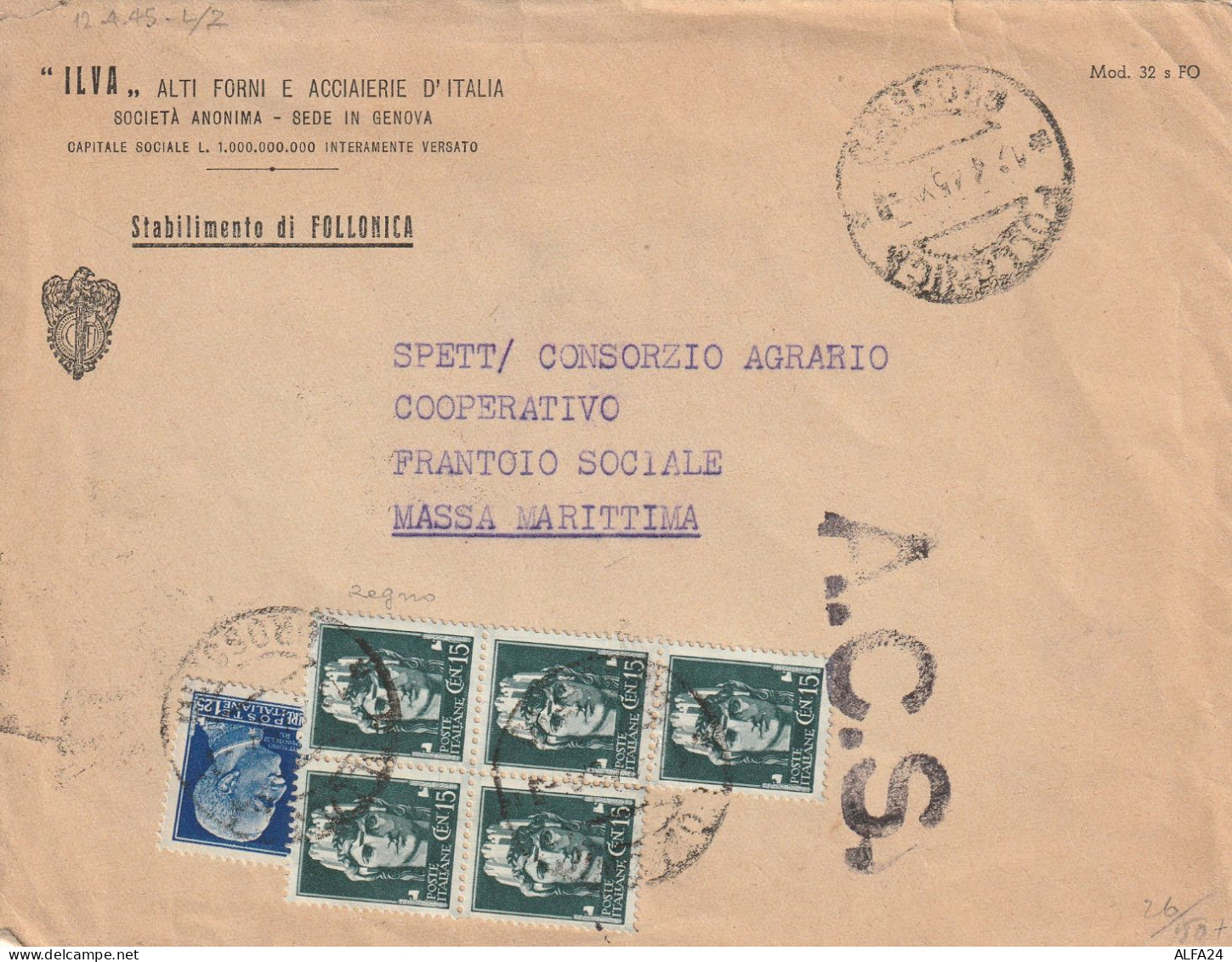 LETTERA 1945 LUOGOTENENZA 1,25+5X15 TIMBRO ACS FOLLONICA MASSA MARITTIMA GROSSETO (YK715 - Marcophilia