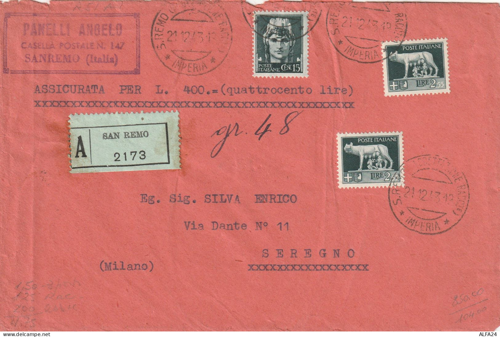 ASSICURATA 1943 RSI L.2,55X2 +15 TIMBRO S.REMO IMPERIA MILANO (YK711 - Marcofilía