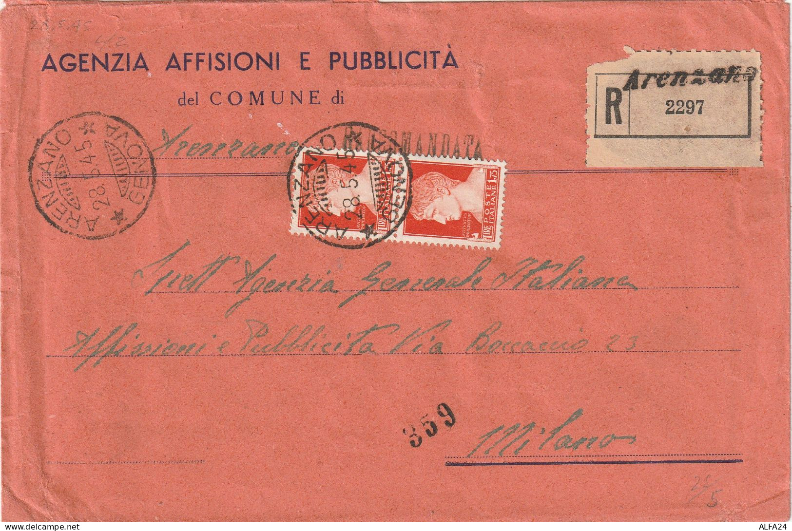 RACCOMANDATA 1945 LUOGOTENENZA 2X1,75 TIMBRO ARENZANO GENOVA (YK702 - Marcophilie