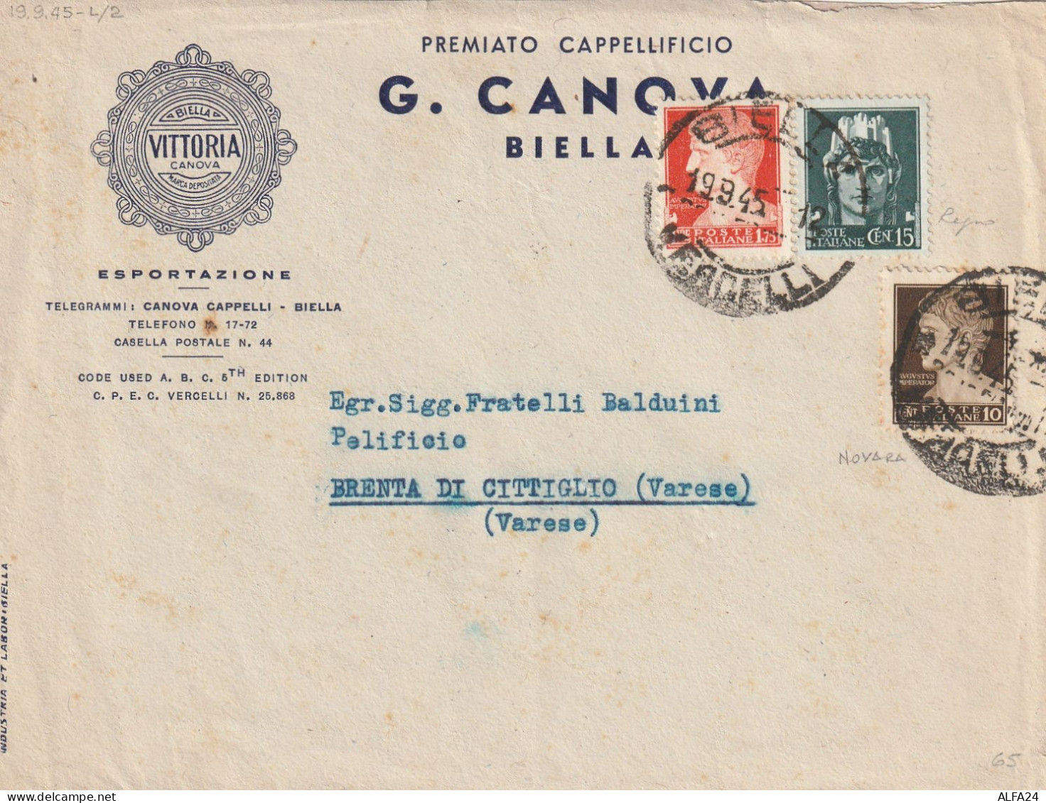 LETTERA 1945 LUOGOTENENZA C.15+10+1,75 TIMBRO BIELLA VERCELLI CITTIGLIO VARESE (YK675 - Marcophilia