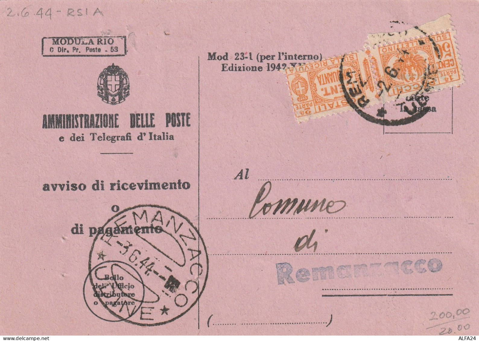 AVVISO RICEVIMENTO 1944 RSI PACCHI 50 C TIMBRO REMANZACCO UDINE (YK672 - Marcophilia