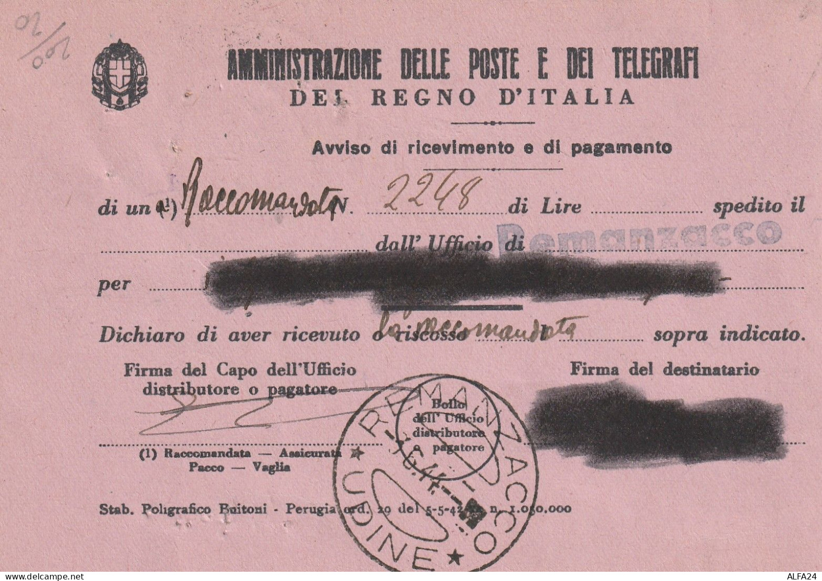 AVVISO RICEVIMENTO 1944 RSI PACCHI 50 C TIMBRO REMANZACCO UDINE (YK672 - Marcofilía