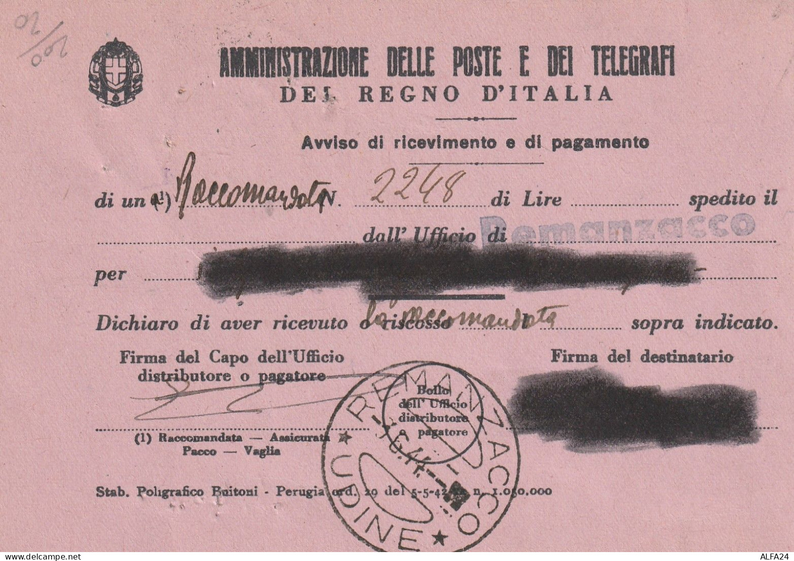AVVISO RICEVIMENTO 1944 RSI PACCHI 50 C TIMBRO REMANZACCO UDINE (YK672 - Marcophilia
