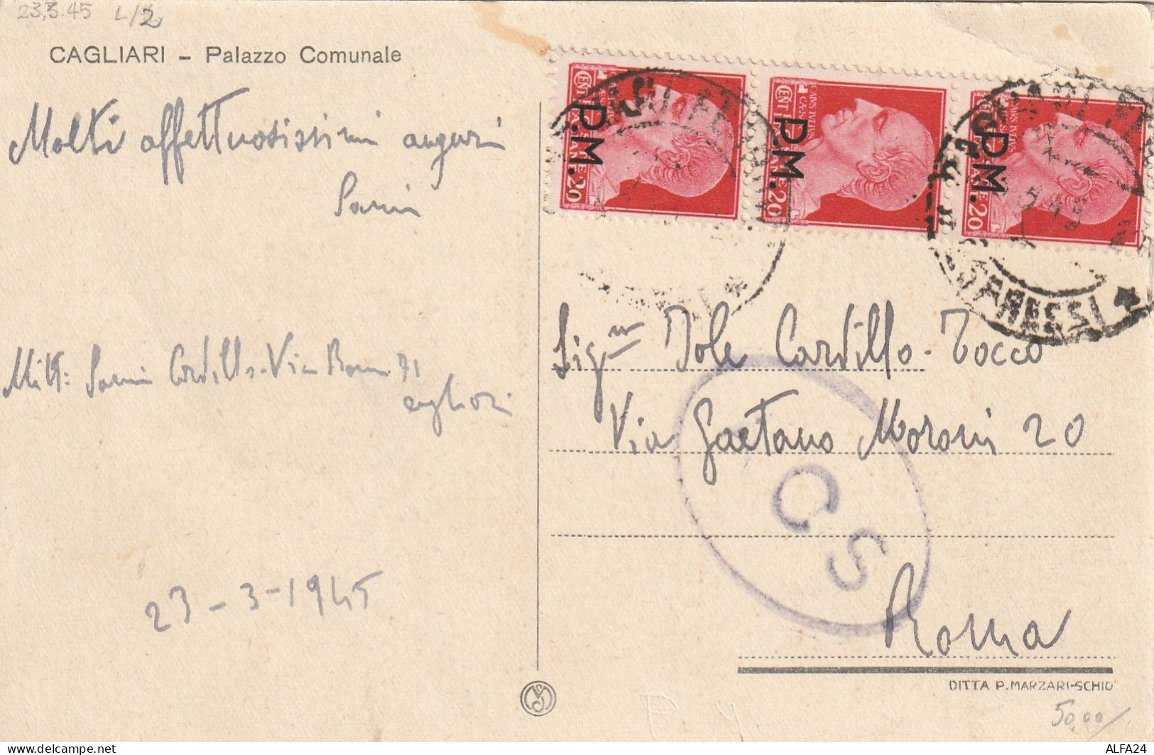 CARTOLINA 1945 LUOGOTENENZA 3X20 PM TIMBRO CAGLIARI (YK665 - Marcophilia