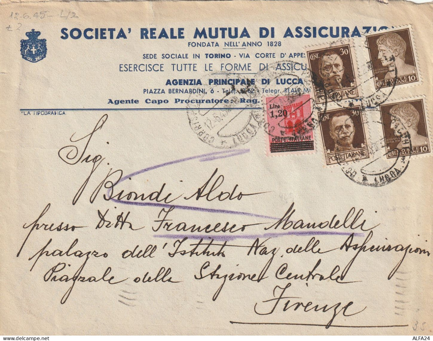 LETTERA 1945 LUOGOTENENZA 2X30+2X10+1,20 SS TIMBRO LUCCA FIRENZE (YK653 - Storia Postale