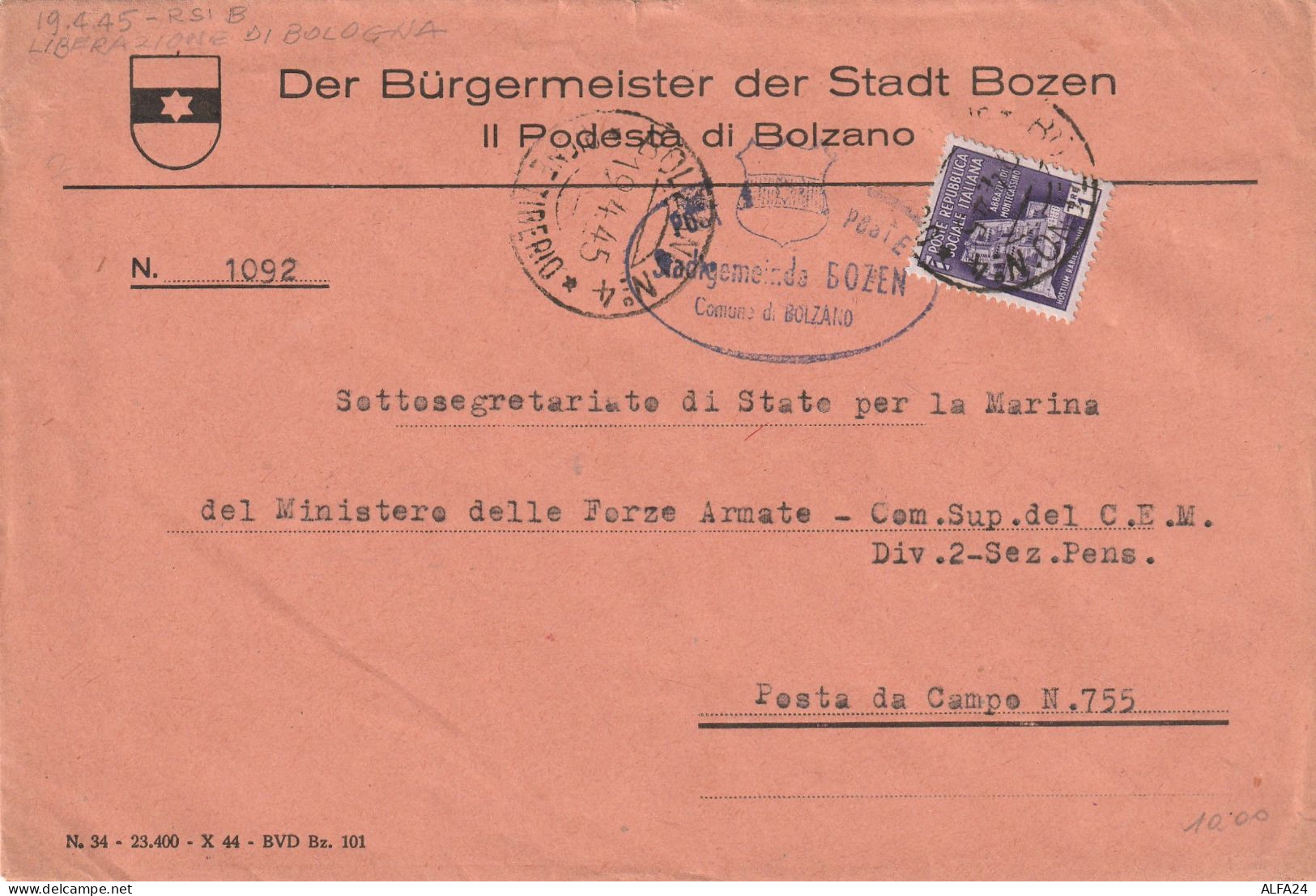 LETTERA 1945 RSI L.1 MON DIST TIMBRO BOLZANO DRETTA SOTTOSEGR MARINA  (YK632 - Marcofilie