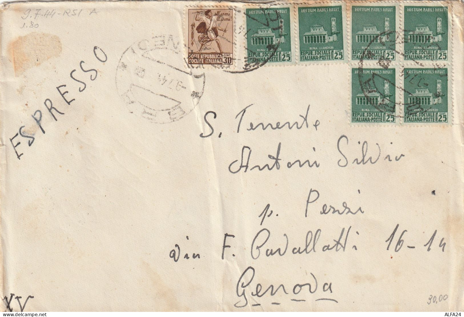 ESPRESSO 1944 RSI 6X25+30 MON DIST TIMBRO GENOVA  (YK627 - Poststempel